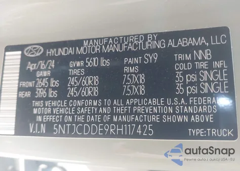 2024 Hyundai Santa Cruz Sel z USA, uszkodzony, nr VIN 5NTJCDDE9RH117425